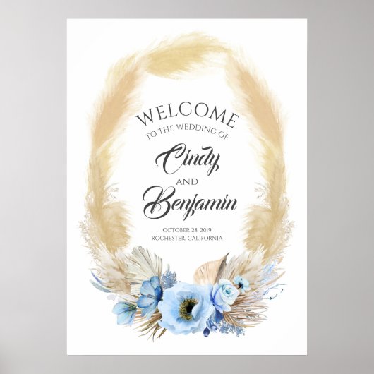 Pampas Grass und Dusty Blue Blume Hochzeit Begrüßu Poster (Vorne)