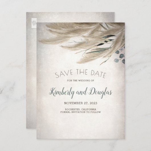 Pampas Grass und Greenery Boho Save the Date Ankündigungspostkarte (Vorne/Hinten)