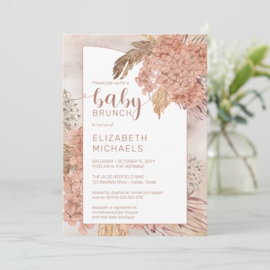 Pampas Grass und Hydrangeas Blooms Baby Brunch Inv Einladung (Stehend Vorderseite)