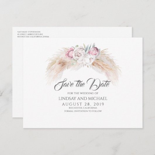 Pampas Grass und King Protea Blume Save the Date Postkarte (Vorne/Hinten)