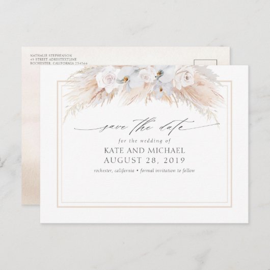 Pampas Grass und Weiße Orchideen Save the Date Postkarte (Vorne/Hinten)