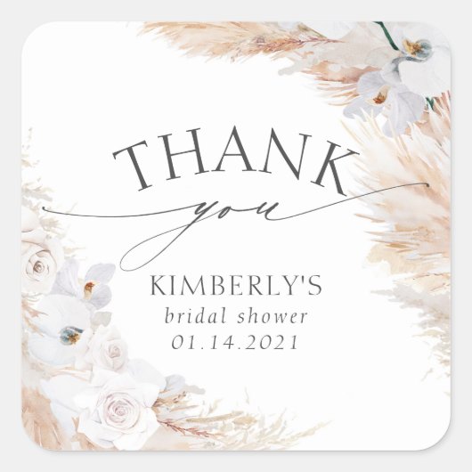 Pampas Grass und White Orchid Tropical Quadratischer Aufkleber (Vorderseite)