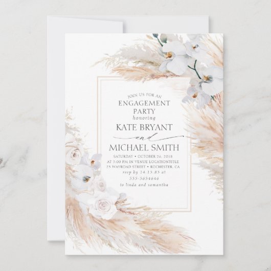 Pampas Grass und White Orchids Engagement Party Einladung (Vorderseite)