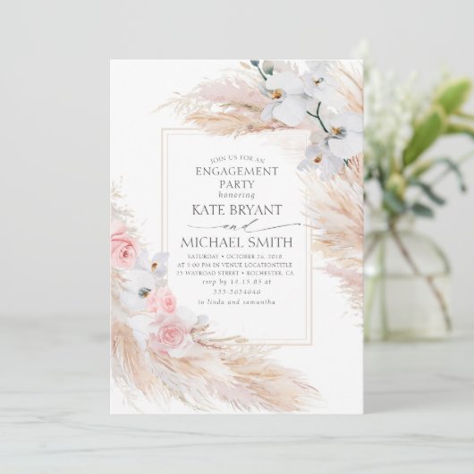 Pampas Grass und White Orchids Engagement Party Einladung (Stehend Vorderseite)