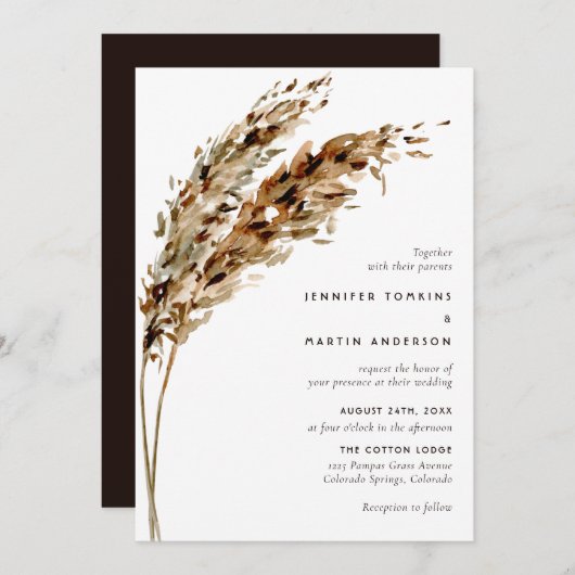 Pampas Grass Watercolor Boho Wedding Einladung (Vorne/Hinten)
