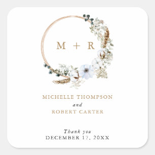 Pampas Grass Wedding Boho Terracotta Monogram Chic Quadratischer Aufkleber