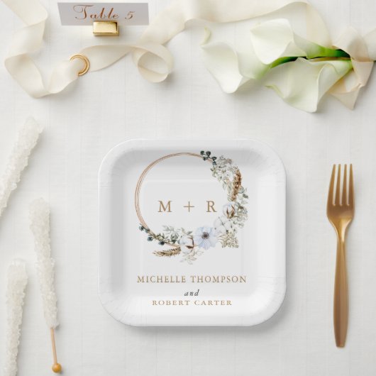 Pampas Grass Wedding Boho Terracotta Monogram Pappteller (Hochzeit)