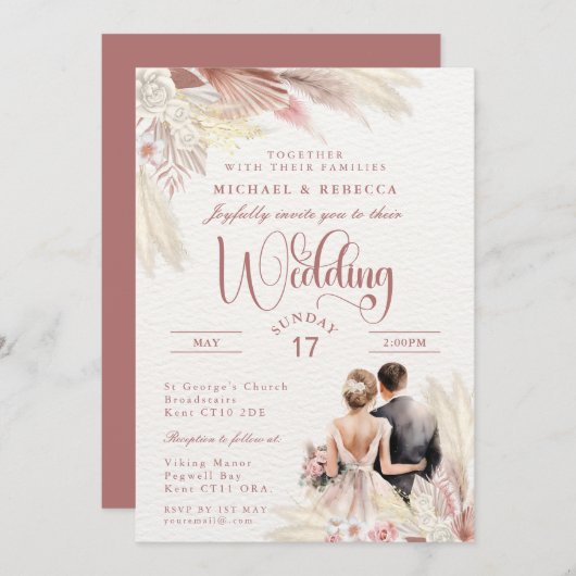 Pampas Grass Wedding Modern Blush Pink, Terracotta Einladung (Vorne/Hinten)