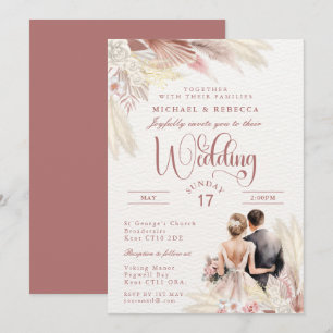 Pampas Grass Wedding Modern Blush Pink, Terracotta Einladung