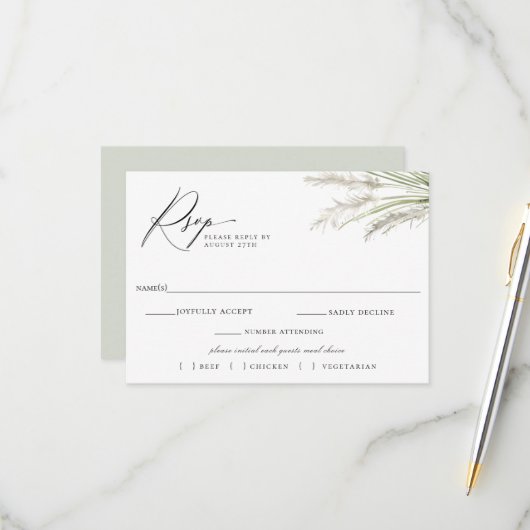 Pampas Grass Wedding RSVP Meal Choice am Strand Karte (Vorderseite/Rückseite Beispiel)