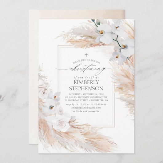 Pampas Grass White Orchids Tropical Christening Einladung (Vorne/Hinten)