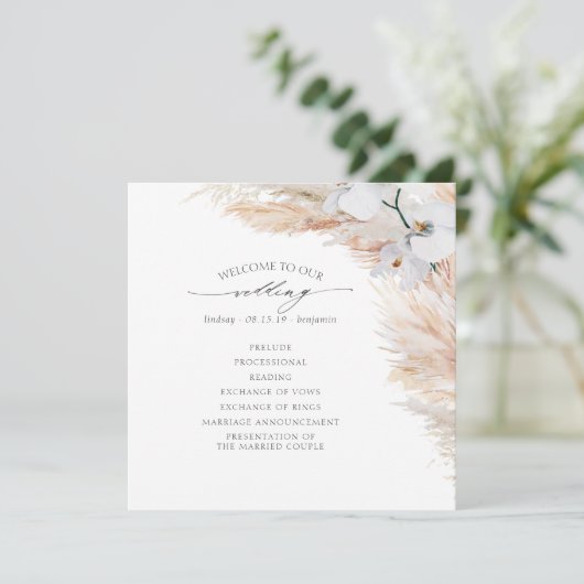 Pampas Grass White Orchids Tropical Wedding Programm (Stehend Vorderseite)