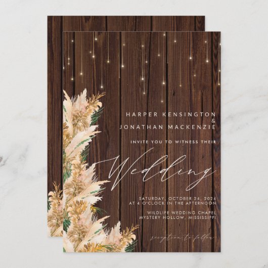 Pampas Grass Wood Twinkle Lights Boho Wedding Einladung (Vorne/Hinten)