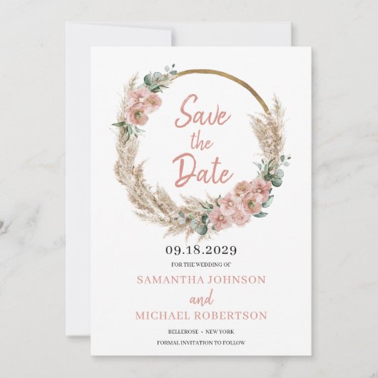 Pampas Grass Wreath Blush Rose Orchid Eukalyptus Save The Date (Vorderseite)