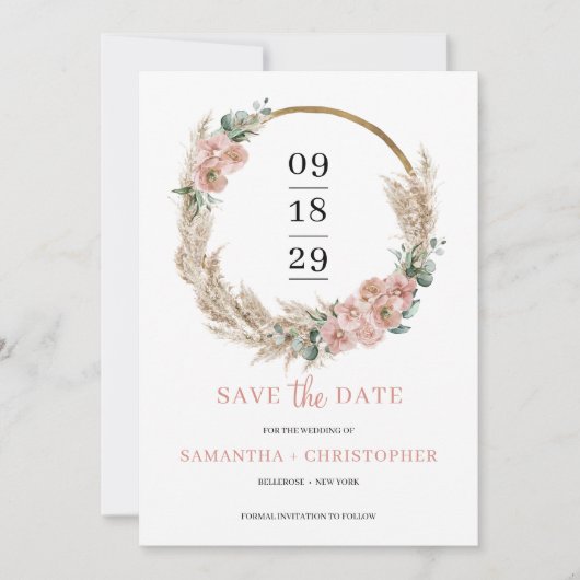 Pampas Grass Wreath Blush Rosen Orchid Eukalyptus Save The Date (Vorderseite)