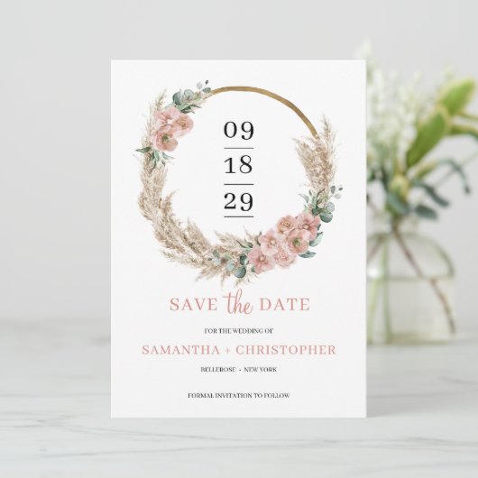 Pampas Grass Wreath Blush Rosen Orchid Eukalyptus Save The Date (Stehend Vorderseite)