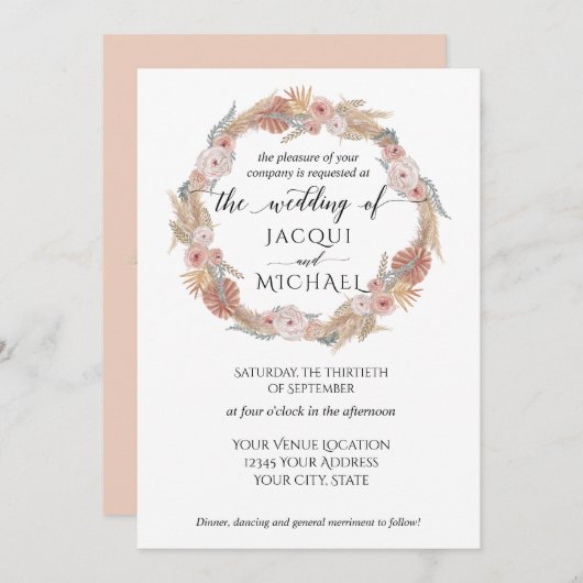 Pampas Grass Wreath Boho Tropical Earthy Floral Einladung (Vorne/Hinten)