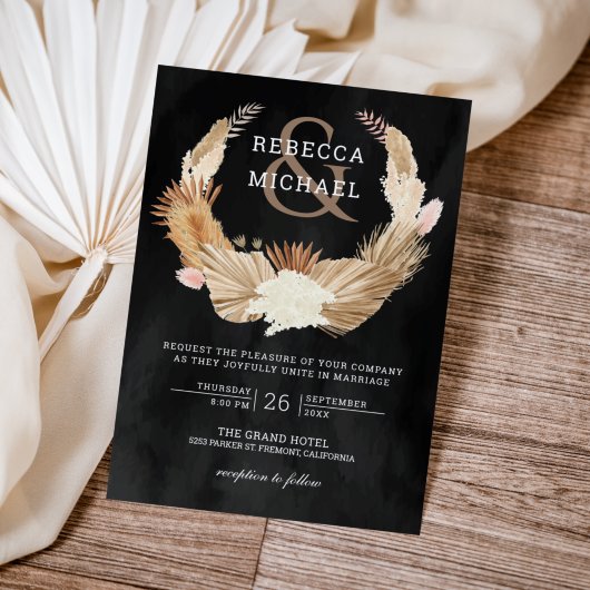 Pampas Grass Wreath Driving Palm Black Wedding Einladung