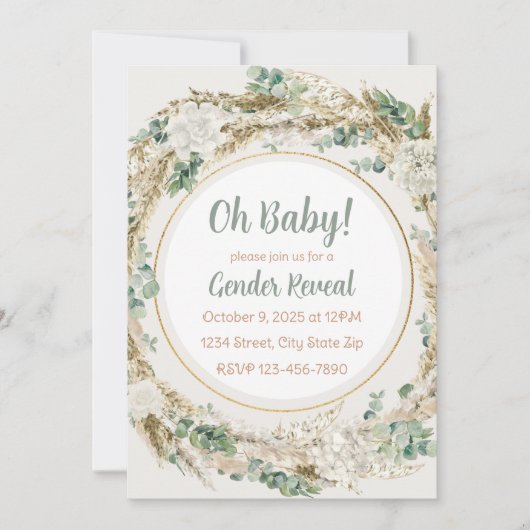 Pampas Greenery Neutral Tone Boho Gender Reveal Einladung (Vorderseite)
