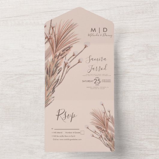 Pampas Hand Drawn Bohemisch Earthy Wedding All In One Einladung (Innen Boden)