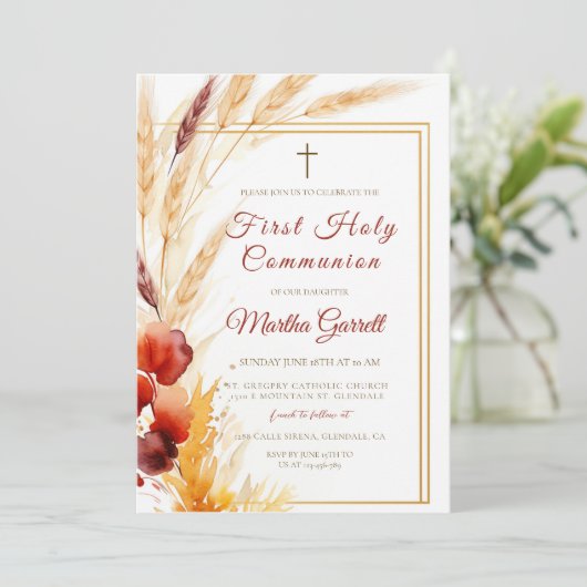 Pampas Herbstbeige Girls First Heilige Kommune Einladung (Stehend Vorderseite)