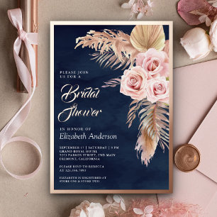 Pampas Navy Dusty Pink Hochzeitsdusche Rose Gold Folieneinladung