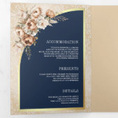 Pampas Neutral Beige Earthy Floral Navy Wedding Dreifach Gefaltete Einladung (Innen Erste Seite)