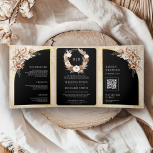 Pampas Neutral Beige Erdiges Florales Schwarz Hoch Dreifach Gefaltete Einladung