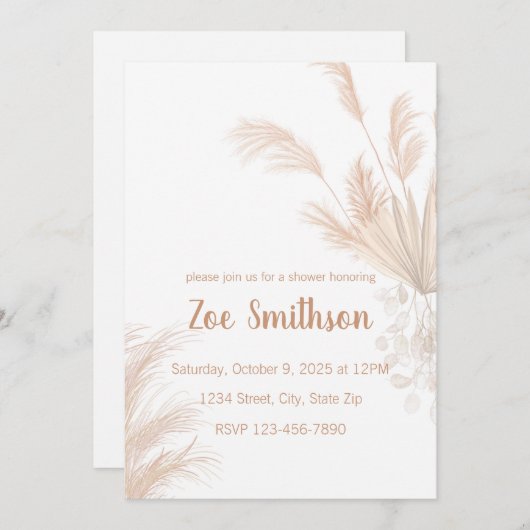 Pampas Neutral Tone Boho Einladung (Vorne/Hinten)