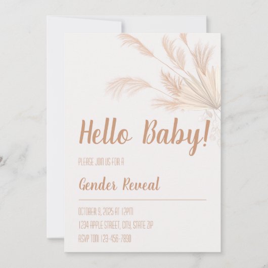 Pampas Neutral Tone Boho Gender Reveal Einladung (Vorderseite)