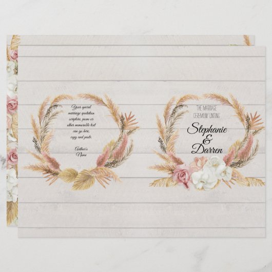 Pampas Palm Pink Floral White Wood Wedding Program (Vorne/Hinten)