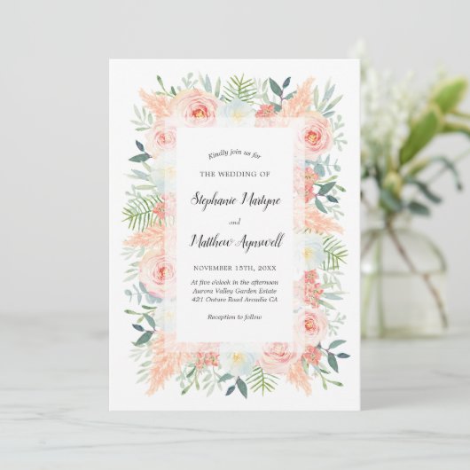 Pampas Pink Floral Watercolor Hochzeit Einladung (Stehend Vorderseite)