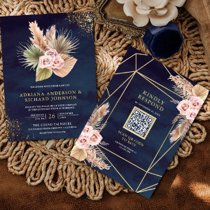 Pampas Rosa Staubig Navy Blau QR Code Hochzeit Einladung