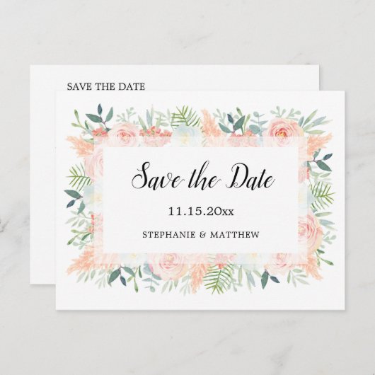 Pampas Rose Grüne Hochzeit speichern das Datum Ankündigungspostkarte (Vorne/Hinten)