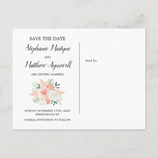 Pampas Rose Grüne Hochzeit speichern das Datum Ankündigungspostkarte (Rückseite)