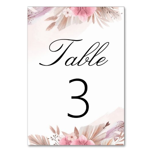 Pampas-Rose und Champagner Boho-Chic-Hochzeit Tischnummer (Vorderseite)