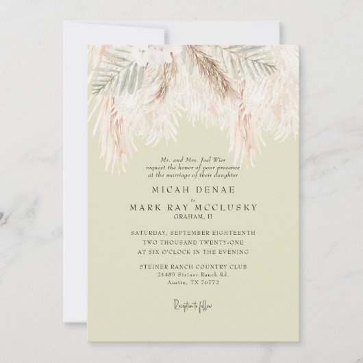 Pampas Sanfte Gelbe Einfache Hochzeit Einladung (Vorderseite)