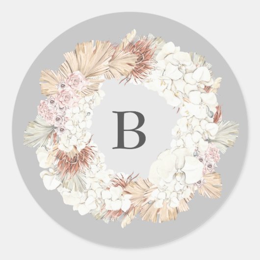 Pampas Ultimate Wreath Monogram Gray Runder Aufkleber (Vorderseite)