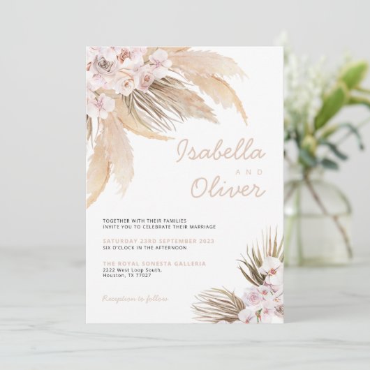 Pampas Wedding Einladung boho beige (Stehend Vorderseite)