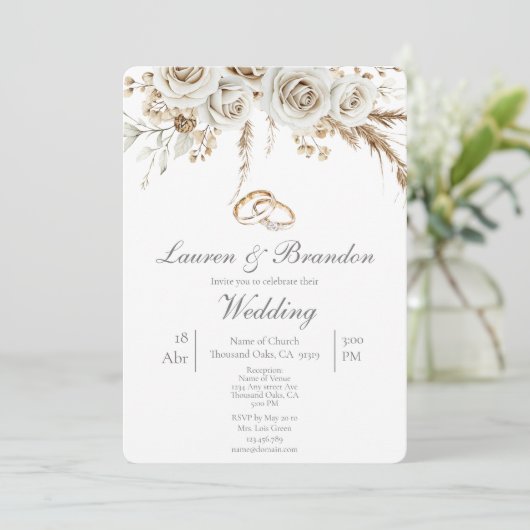 Pampas white boho Wedding invitation Einladung (Stehend Vorderseite)