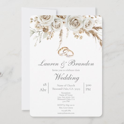 Pampas white boho Wedding invitation Einladung (Vorderseite)