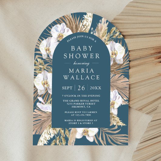 Pampas White Orchid Dusty Blue Arch Baby Dusche Einladung