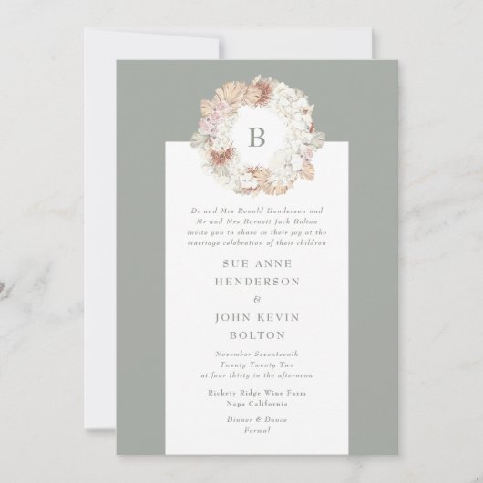 Pampas Wreath Moss Green Monogram Wedding Einladung (Vorderseite)