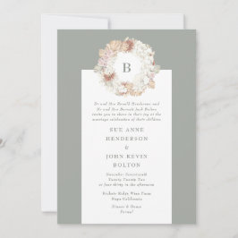 Pampas Wreath Moss Green Monogram Wedding Einladung
