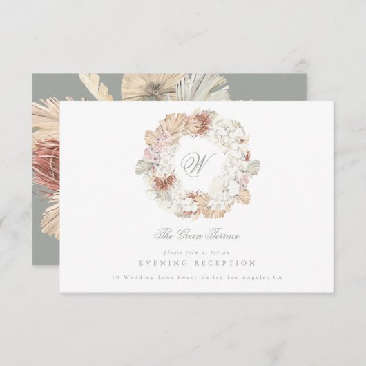 Pampas Wreath Moss Sage Green Monogram Elegant Begleitkarte (Vorne/Hinten)