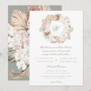 Pampas Wreath Moss Sage Green Monogram Elegant Einladung