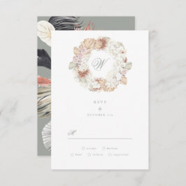 Pampas Wreath Moss Sage Green Monogram Elegant RSVP Karte