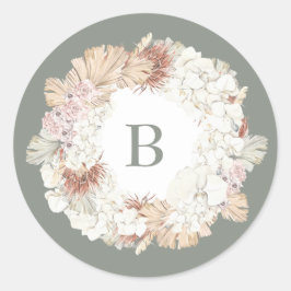Pampas Wreath Moss Sage Green Monogram Simple Runder Aufkleber