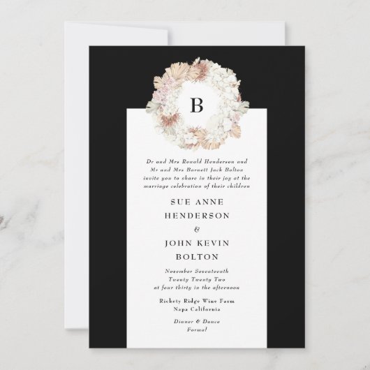 Pampas Wreath Schwarz-weiß Monogram Wedding Einladung (Vorderseite)