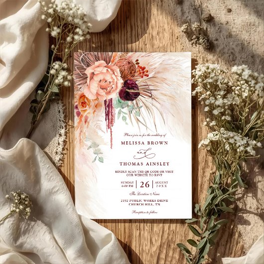 Pampasgras-Blumen-Terrakotta-QR-Code-Hochzeit Einladung